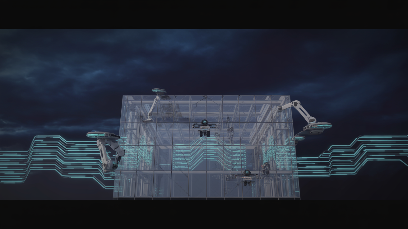 Building in the Open — series cover showing a transparent glass structure being assembled by AI